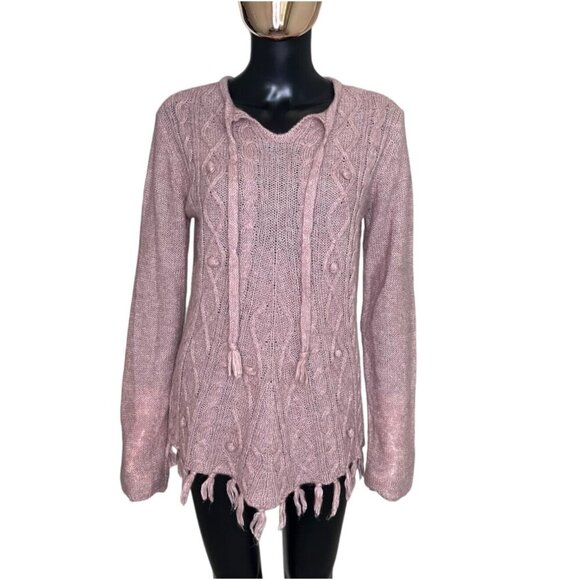PrAna Cable Knit Fringe Boho Sweater Mauve Medium - Picture 3 of 9